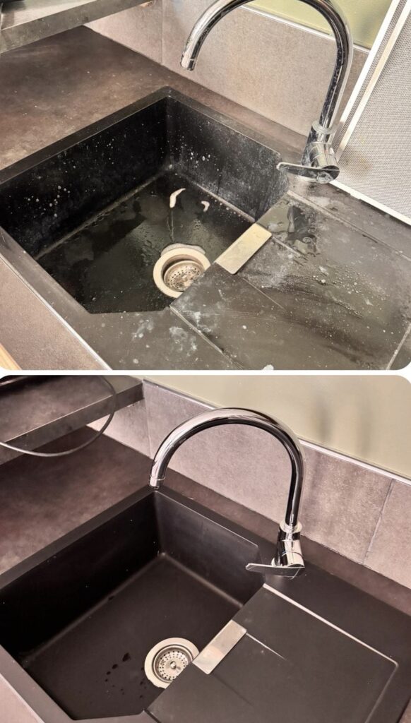 Nettoyage et détartrage d’un évier de cuisine à Hyères (83) — élimination du tartre, dégraissage et désinfection après déménagement.